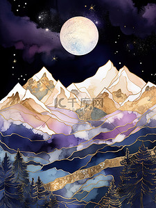 深紫色插画图片_黄昏天空中的山脉画深紫色17