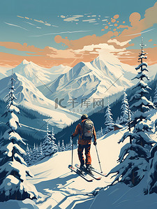 运动员运动插画图片_滑雪运动员在雪山滑雪6