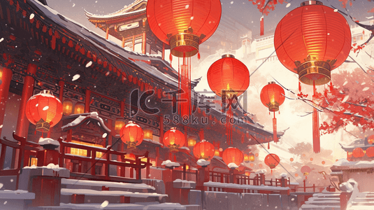 雪花红色插画图片_挂满红色灯笼的古建筑街景插画3