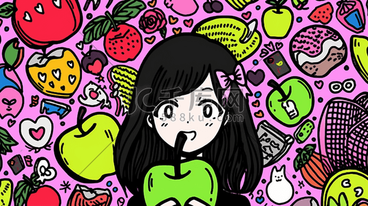 吃苹果插画图片_彩色多巴胺风格的吃苹果的女孩插画13