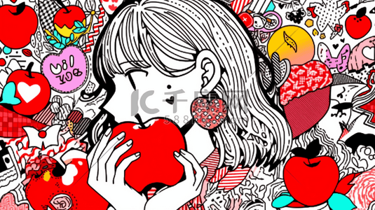 彩色多巴胺风格的吃苹果的女孩插画1