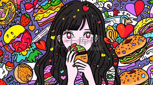 彩色多巴胺风格的吃苹果的女孩插画24