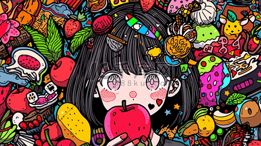 彩色多巴胺风格的吃苹果的女孩插画21
