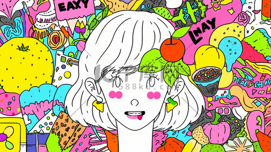 吃苹果插画图片_彩色多巴胺风格的吃苹果的女孩插画5