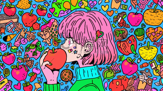 吃苹果插画图片_彩色多巴胺风格的吃苹果的女孩插画3