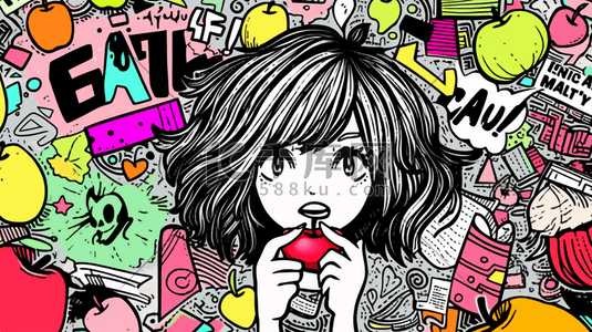 彩色多巴胺风格的吃苹果的女孩插画4