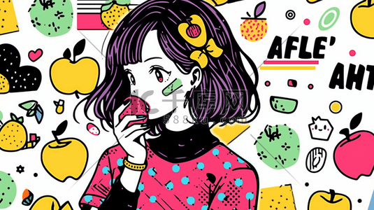 彩色多巴胺风格的吃苹果的女孩插画26