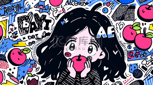 吃苹果插画图片_彩色多巴胺风格的吃苹果的女孩插画18
