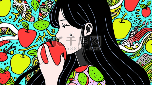 彩色多巴胺风格的吃苹果的女孩插画22