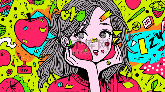 吃苹果插画图片_彩色多巴胺风格的吃苹果的女孩插画17