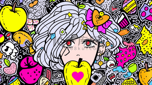 吃苹果插画图片_彩色多巴胺风格的吃苹果的女孩插画7