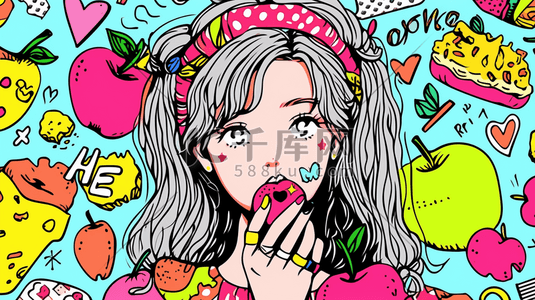 彩色多巴胺风格的吃苹果的女孩插画10