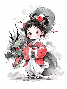 中国传统水墨画风可爱女孩和龙插画