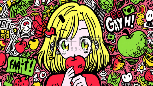 彩色多巴胺风格的吃苹果的女孩插画8