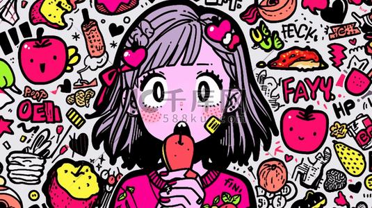 吃苹果插画图片_彩色多巴胺风格的吃苹果的女孩插画16
