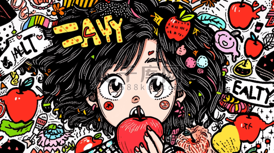 彩色多巴胺风格的吃苹果的女孩插画19