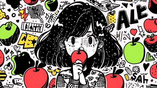 吃苹果插画图片_彩色多巴胺风格的吃苹果的女孩插画20