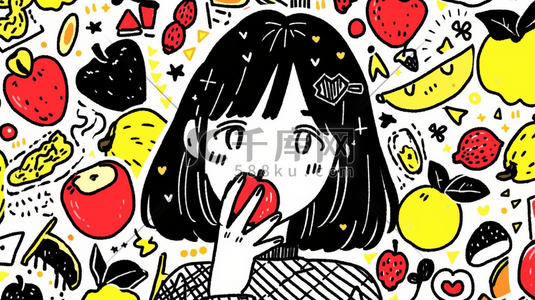 吃苹果插画图片_彩色多巴胺风格的吃苹果的女孩插画12