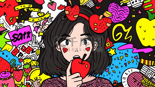 彩色多巴胺风格的吃苹果的女孩插画9