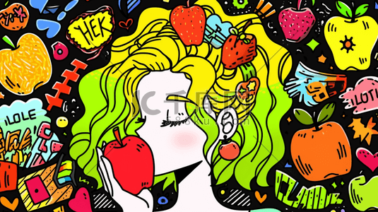 吃苹果插画图片_彩色多巴胺风格的吃苹果的女孩插画29