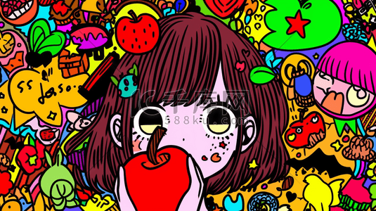 彩色多巴胺风格的吃苹果的女孩插画14