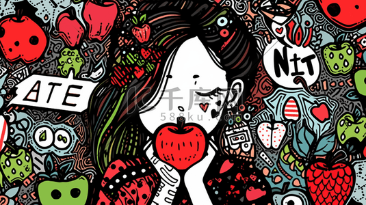 吃苹果插画图片_彩色多巴胺风格的吃苹果的女孩插画15