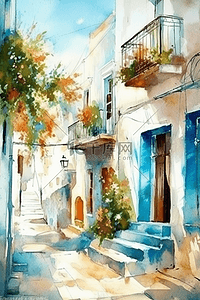 希腊小镇水彩绘画插画装饰画