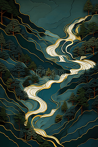 墨绿鎏金中国古风山水装饰画