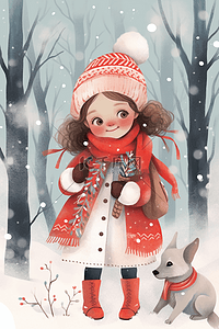 海报冬天下雪天女孩在深林里插画