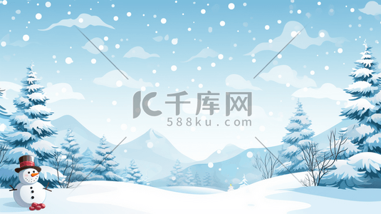 圣诞节松树林插画图片_冬季森林雪地上的雪人圣诞节插画15