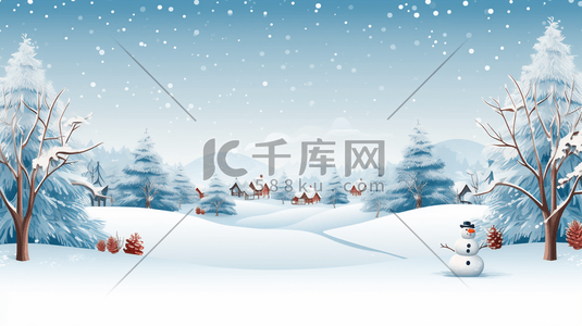 圣诞节松树林插画图片_冬季森林雪地上的雪人圣诞节插画11