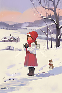 卡通手绘冬天海报插画女孩雪天