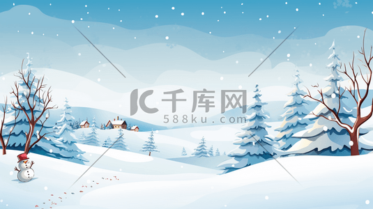 圣诞节松树林插画图片_冬季森林雪地上的雪人圣诞节插画7