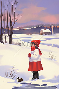 卡通海报冬天插画图片_海报插画女孩雪天卡通手绘冬天