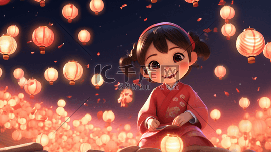 小女孩庆祝元宵节插画1