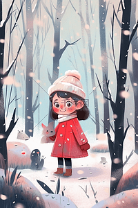 卡通海报冬天插画图片_插画海报冬天下雪天女孩在深林里