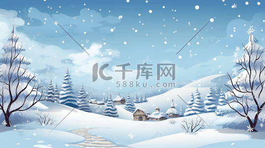 圣诞节松树林插画图片_冬季山林雪地上的雪人圣诞节插画3