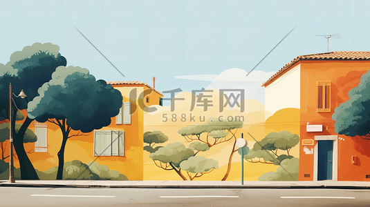斜侧墙壁插画图片_乡村小镇黄色的墙壁15
