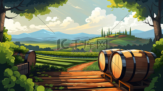 葡萄种植插画图片_乡村葡萄园酿酒桶3