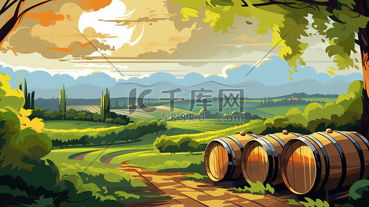 葡萄种植插画图片_乡村葡萄园酿酒桶6