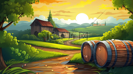 葡萄种植插画图片_乡村葡萄园酿酒桶13