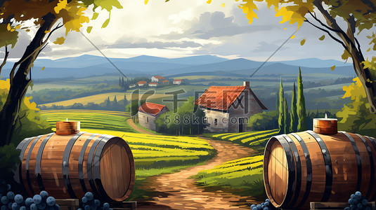 葡萄种植插画图片_乡村葡萄园酿酒桶10