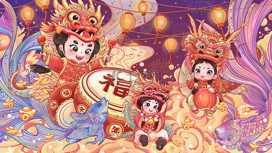 插画图片_龙年春节新年女孩舞龙打鼓闹新春