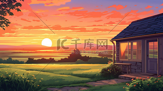 窗外阳光插画图片_乡村小屋唯美的窗外日出18