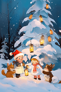 可爱的小猫小狗插画图片_手绘圣诞节孩子和小动物一起堆雪人插画