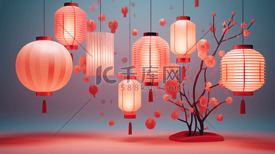 中国传统装饰插画图片_3D立体传统中国风灯笼装饰插画32
