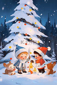 圣诞节手绘孩子和小动物一起堆雪人插画