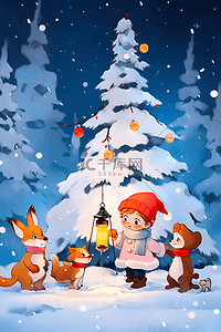 可爱的小猫小狗插画图片_手绘圣诞节一起堆雪人孩子和小动物插画
