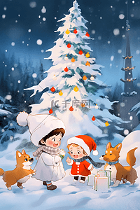 圣诞节孩子和小动物插画一起堆雪人手绘