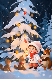 小动物可爱插画图片_圣诞节孩子和小动物一起堆雪人手绘海报插画
